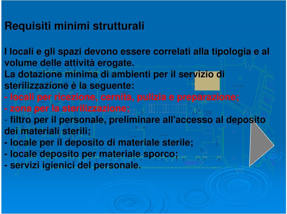 preparazione; - zona per la sterilizzazione; - filtro per il personale, preliminare all'accesso al deposito dei materiali