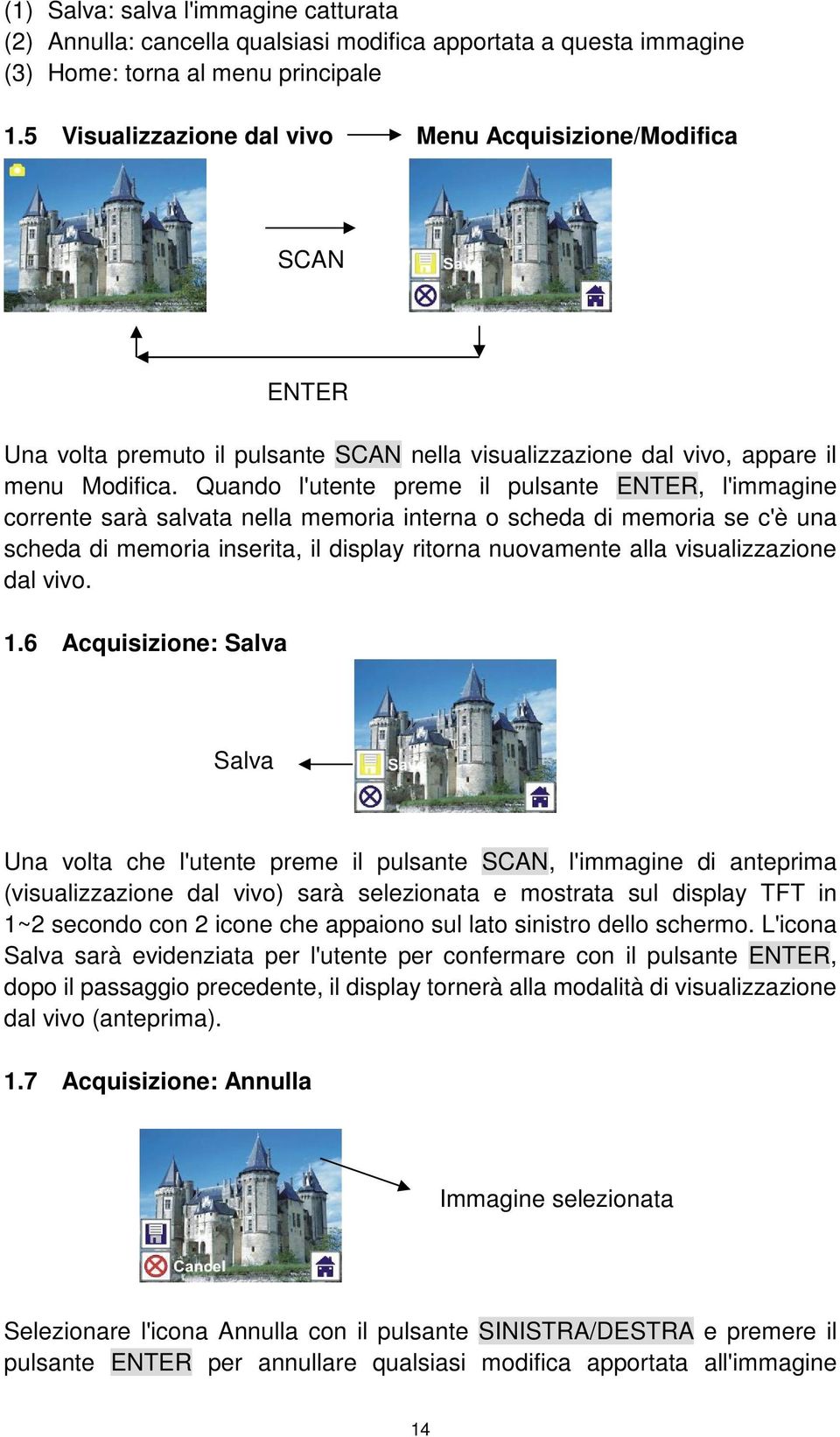 Quando l'utente preme il pulsante ENTER, l'immagine corrente sarà salvata nella memoria interna o scheda di memoria se c'è una scheda di memoria inserita, il display ritorna nuovamente alla