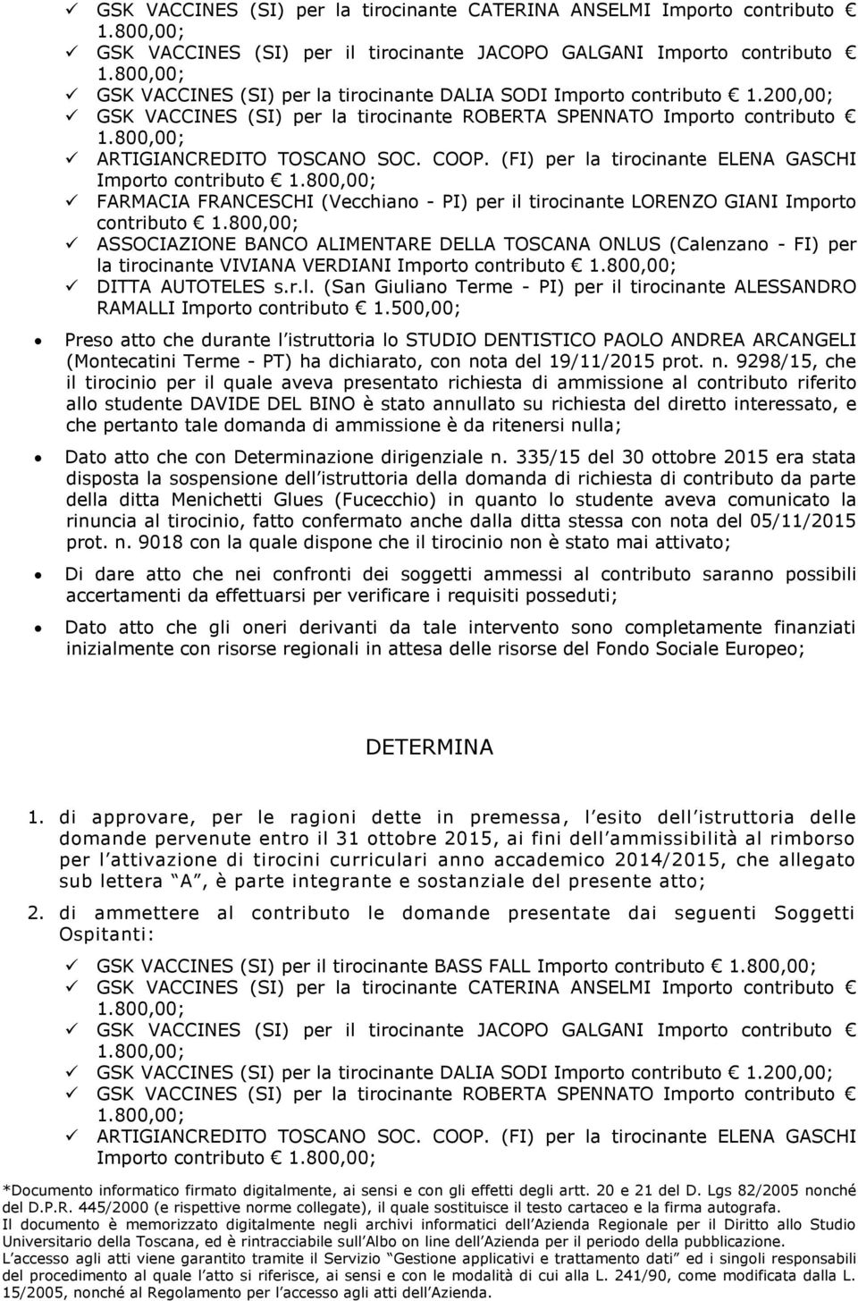 (FI) per la tirocinante ELENA GASCHI Importo contributo FARMACIA FRANCESCHI (Vecchiano - PI) per il tirocinante LORENZO GIANI Importo contributo ASSOCIAZIONE BANCO ALIMENTARE DELLA TOSCANA ONLUS