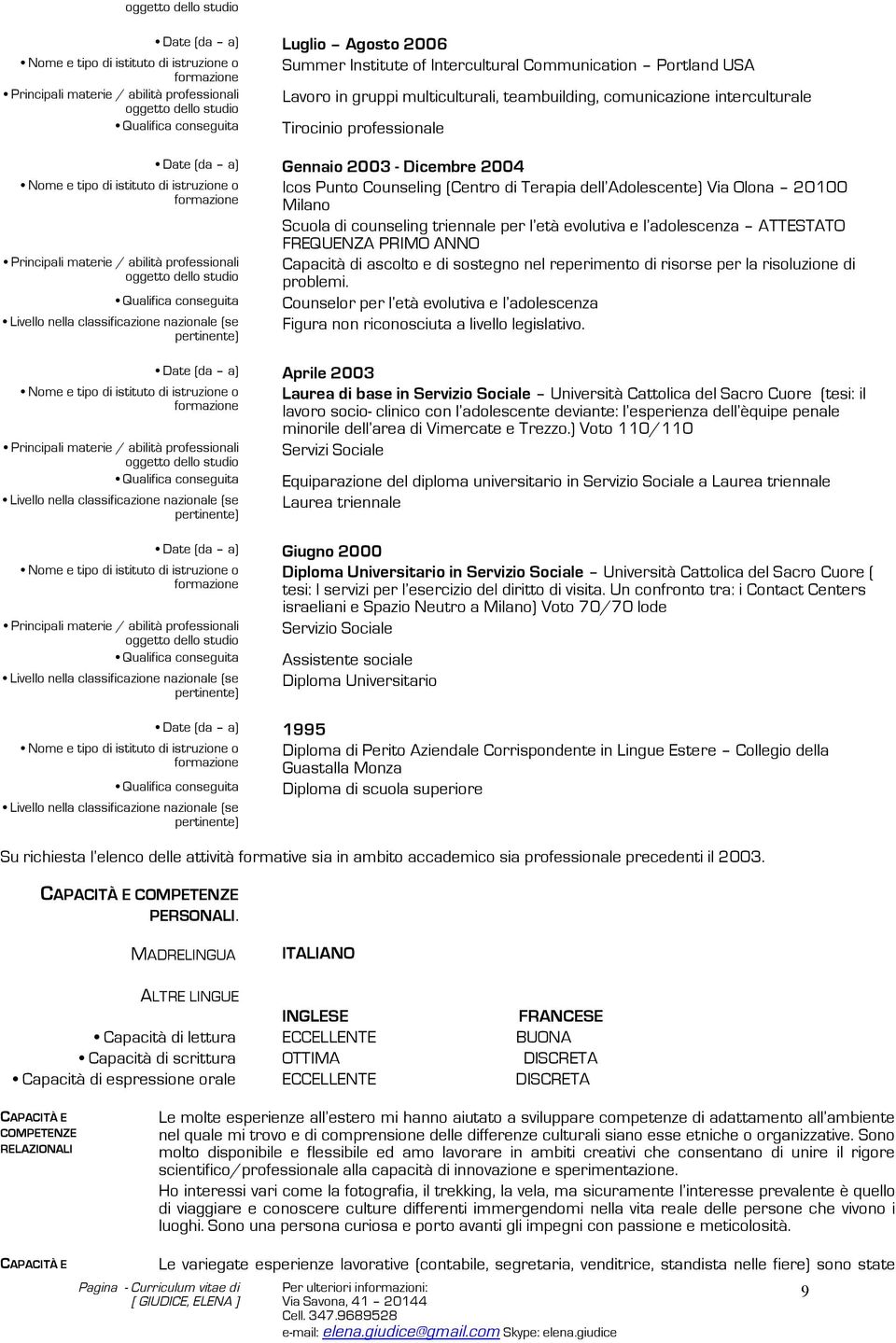 classificazine nazinale (se pertinente) Aprile 2003 Giugn 2000 Ics Punt Cunseling (Centr di Terapia dell Adlescente) Via Olna 20100 Milan Scula di cunseling triennale per l età evlutiva e l