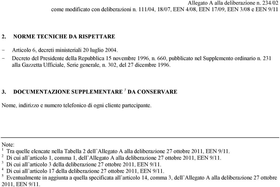 2, del 27 dicembre 1996. 3. OCUMENTAZONE SUPPLEMENTARE 5 A CONSERVARE Nome, indirizzo e numero telefonico di ogni cliente partecipante.