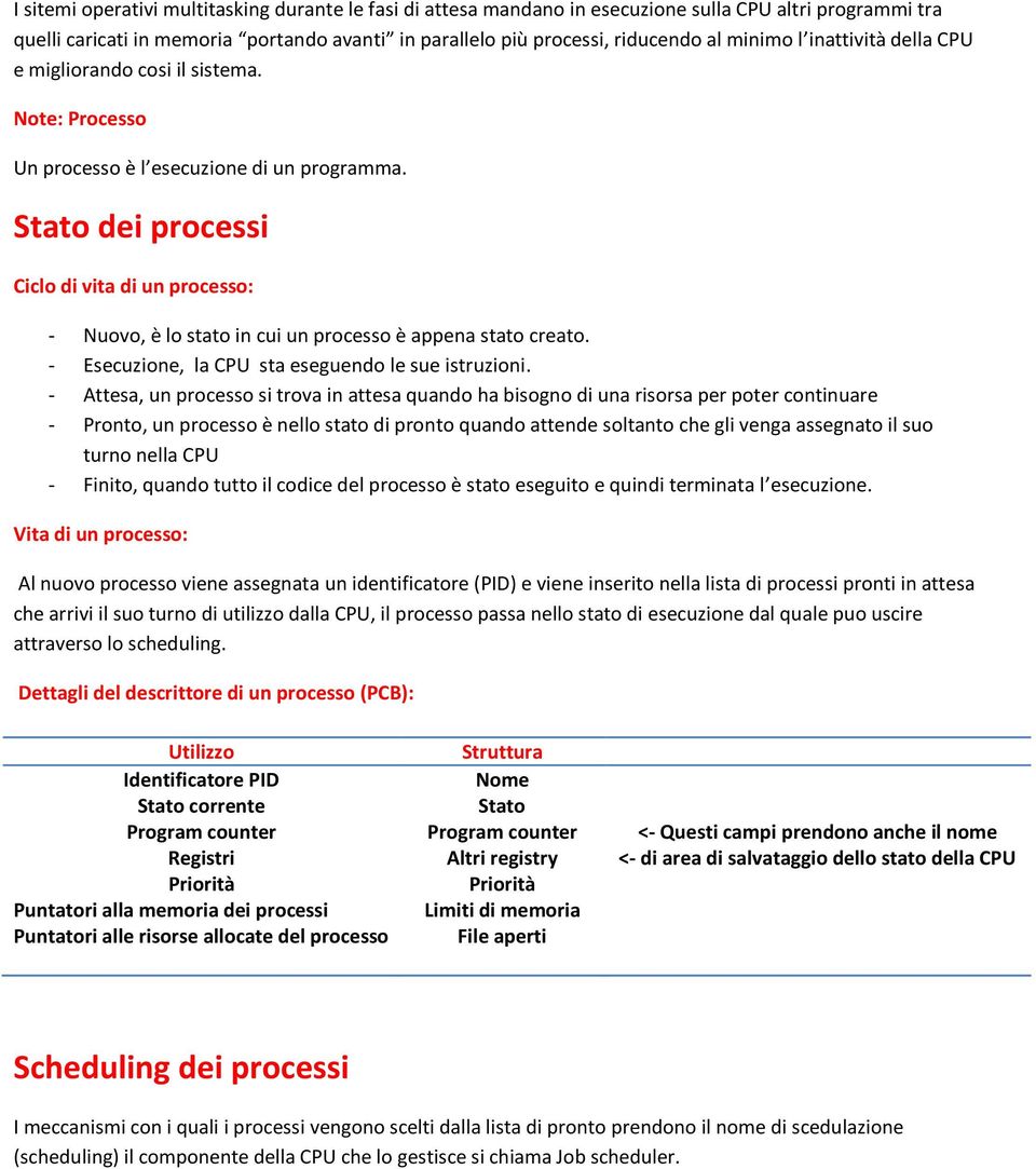 Stato dei processi Ciclo di vita di un processo: - Nuovo, è lo stato in cui un processo è appena stato creato. - Esecuzione, la CPU sta eseguendo le sue istruzioni.