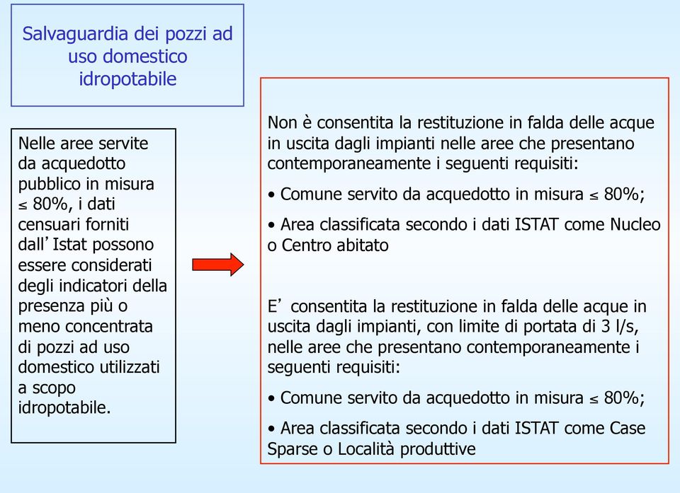 Non è consentita la restituzione in falda delle acque in uscita dagli impianti nelle aree che presentano contemporaneamente i seguenti requisiti: Comune servito da acquedotto in misura 80%; Area