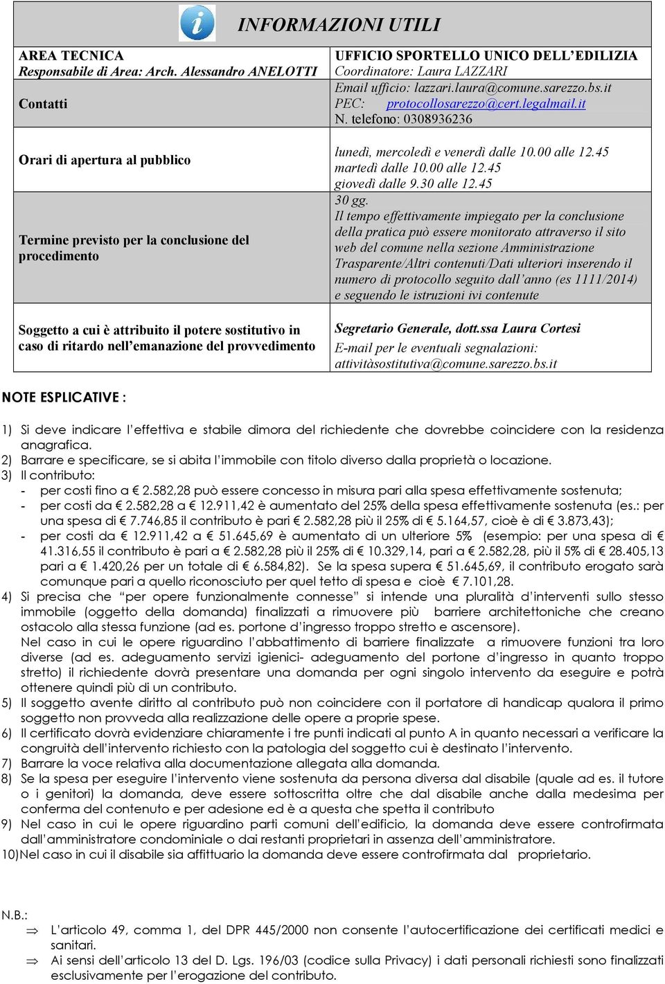 del provvedimento UFFICIO SPORTELLO UNICO DELL EDILIZIA Coordinatore: Laura LAZZARI Email ufficio: lazzari.laura@comune.sarezzo.bs.it PEC: protocollosarezzo@cert.legalmail.it N.