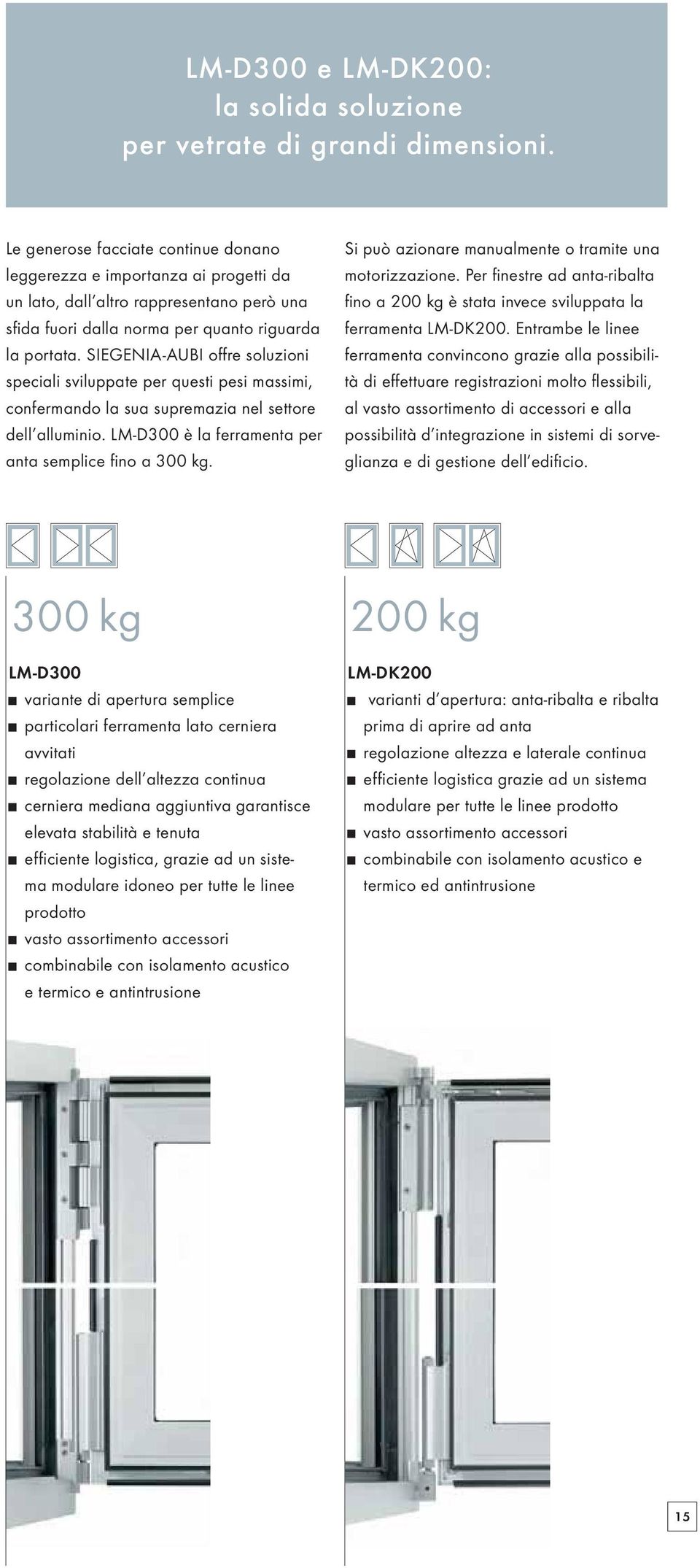 SIEGENIA-AUBI offre soluzioni speciali sviluppate per questi pesi massimi, confermando la sua supremazia nel settore dell alluminio. LM-D300 è la ferramenta per anta semplice fino a 300 kg.