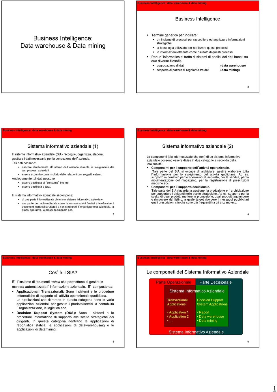 aggregazione di dati " " "(data warehouse)" scoperta di pattern di regolarità tra dati "(data mining)" 2 Sistema informativo aziendale (1) Il sistema informativo aziendale (SIA) raccoglie, organizza,