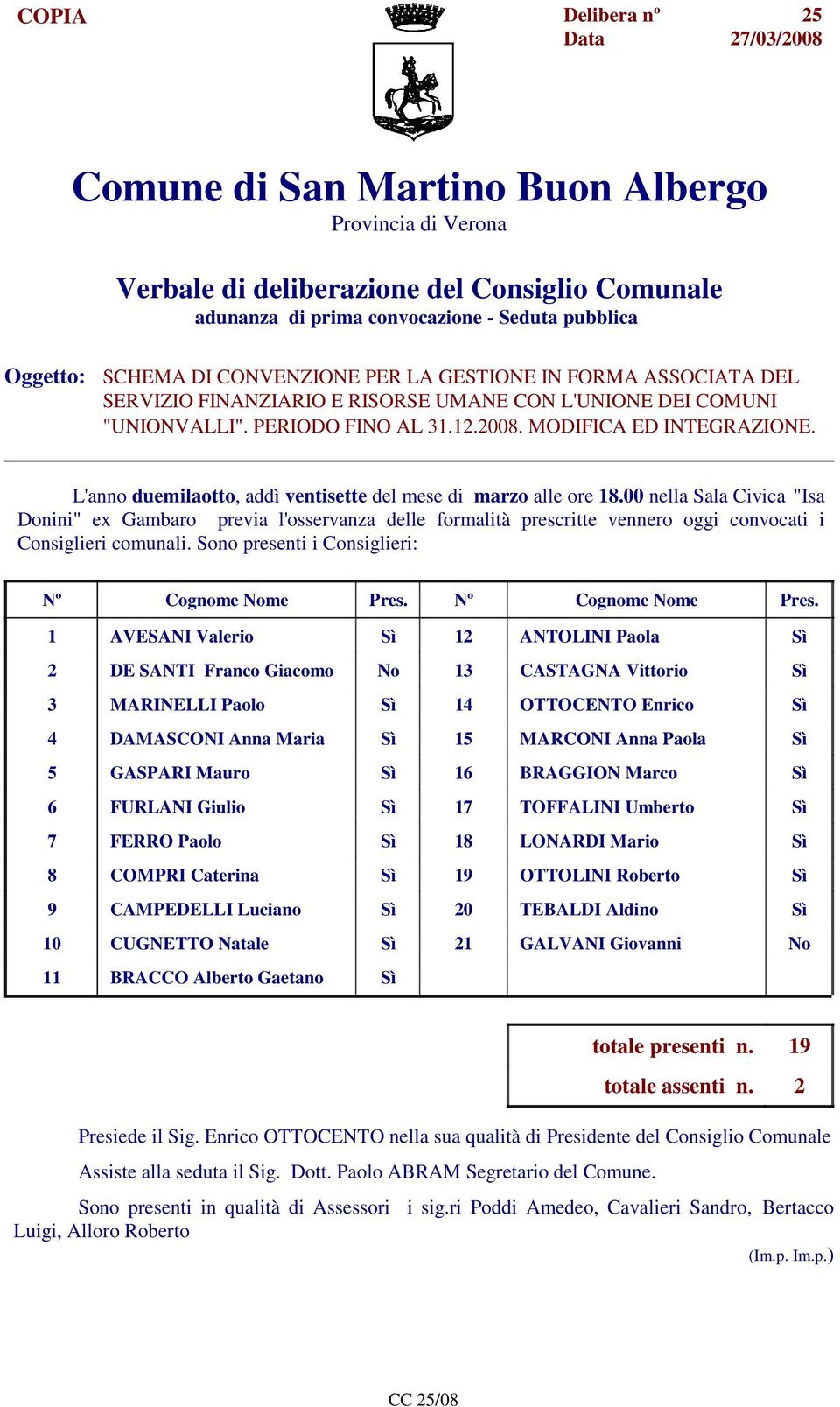 L'anno duemilaotto, addì ventisette del mese di marzo alle ore 18.