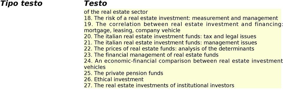 The italian real estate investment funds: tax and legal issues 21. The italian real estate investment funds: management issues 22.