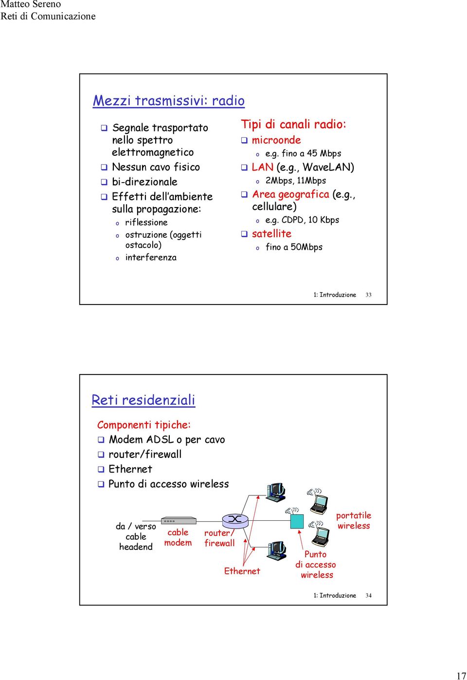 g., cellulare) e.g. CDPD, 10 Kbps satellite fin a 50Mbps 1: Intrduzine 33 Reti residenziali Cmpnenti tipiche: Mdem ADSL per cav ruter/firewall Ethernet