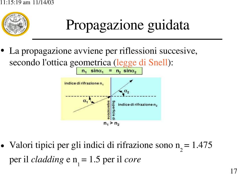 (legge di Snell): Valori tipici per gli indici di