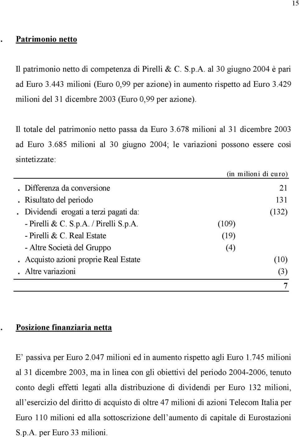 685 milioni al 30 giugno 2004; le variazioni possono essere così sintetizzate: (in milioni di euro). Differenza da conversione 21. Risultato del periodo 131.