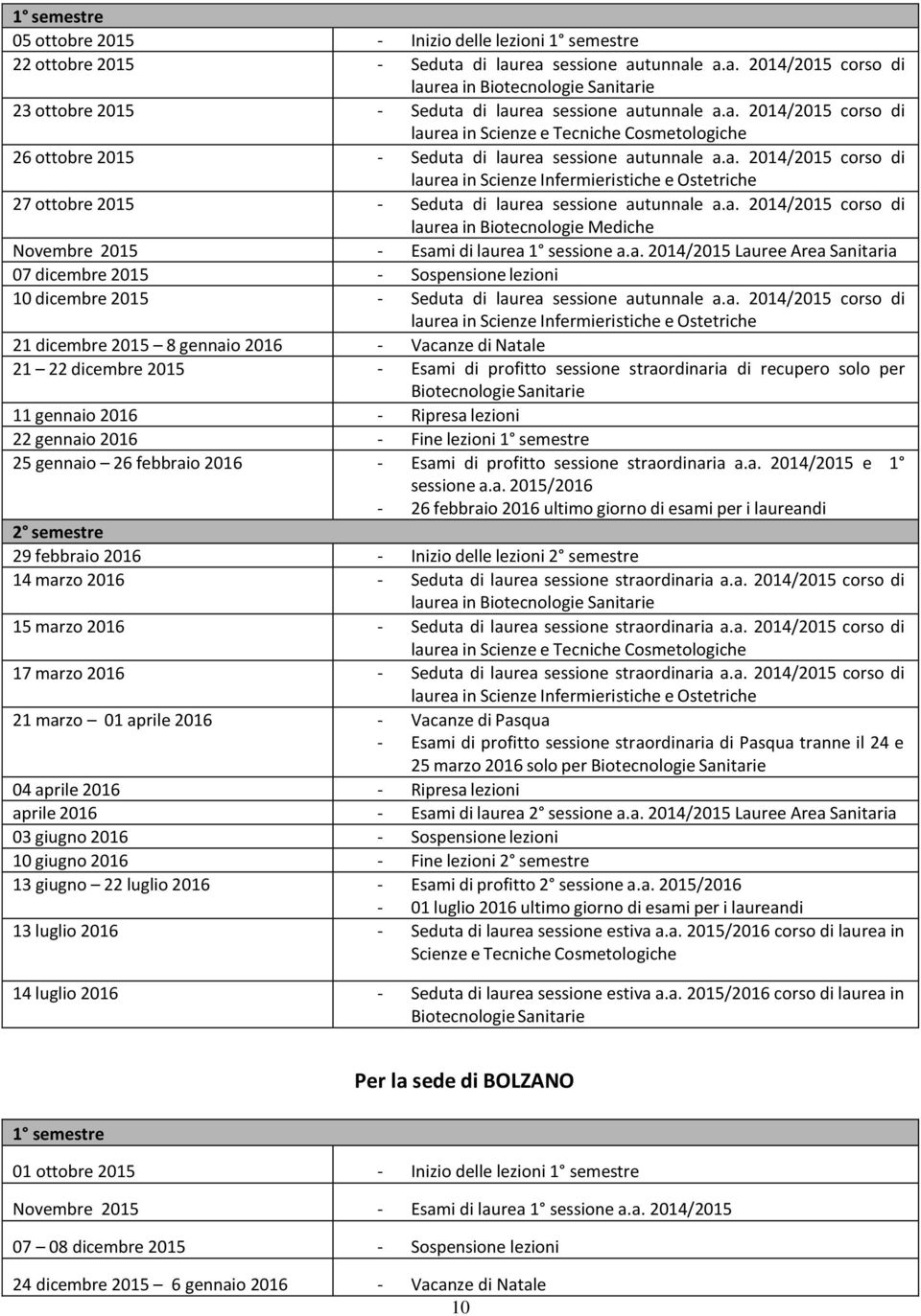 a. 2014/2015 corso di laurea in Biotecnologie Mediche Novembre 2015 - Esami di laurea 1 sessione a.a. 2014/2015 Lauree Area Sanitaria 07 dicembre 2015 - Sospensione lezioni 10 dicembre 2015 - Seduta di laurea sessione autunnale a.