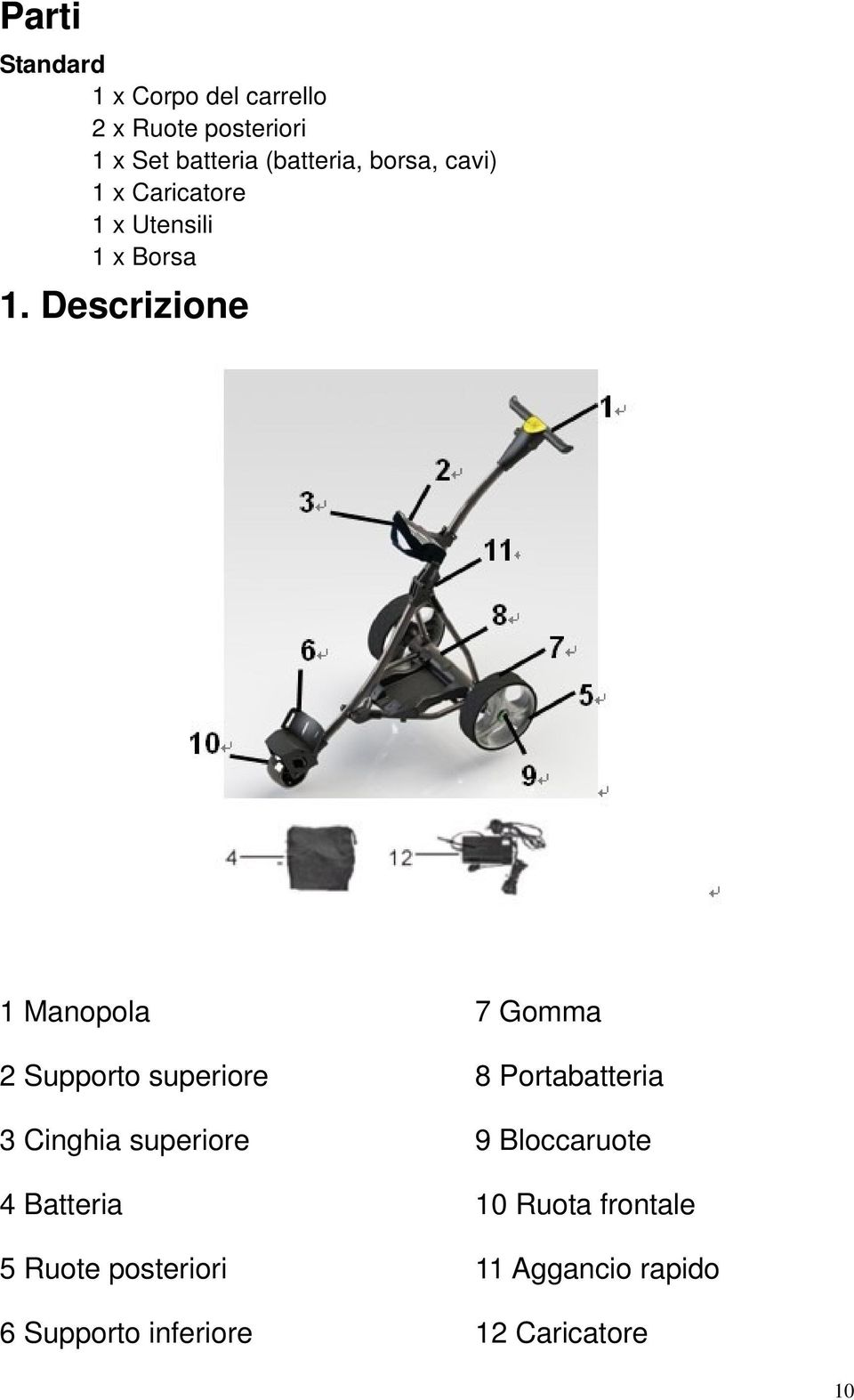 Descrizione 1 Manopola 7 Gomma 2 Supporto superiore 8 Portabatteria 3 Cinghia