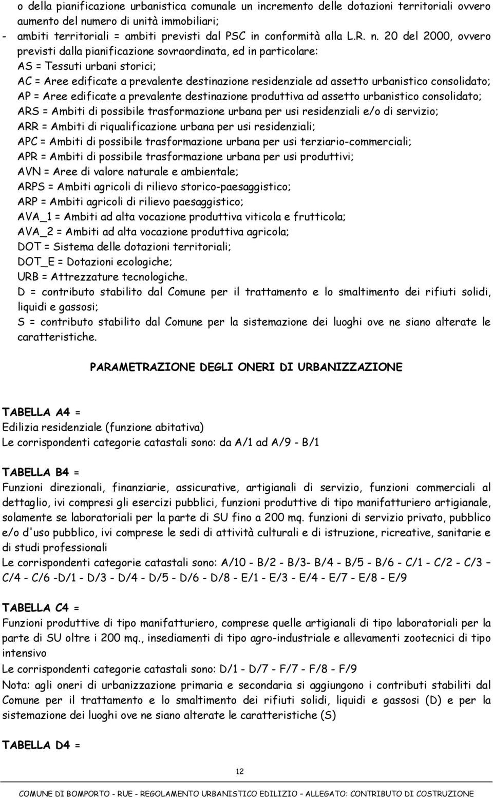 20 del 2000, ovvero previsti dalla pianificazione sovraordinata, ed in particolare: AS = Tessuti urbani storici; AC = Aree edificate a prevalente destinazione residenziale ad assetto urbanistico