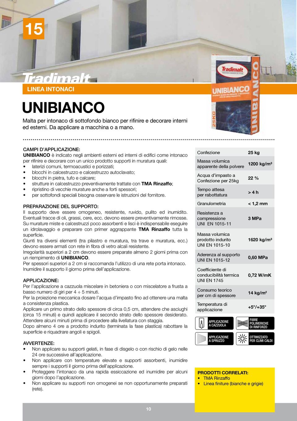 porizzati; blocchi in calcestruzzo e calcestruzzo autoclavato; blocchi in pietra, tufo e calcare; strutture in calcestruzzo preventivamente trattate con TMA Rinzaffo; ripristino di vecchie murature