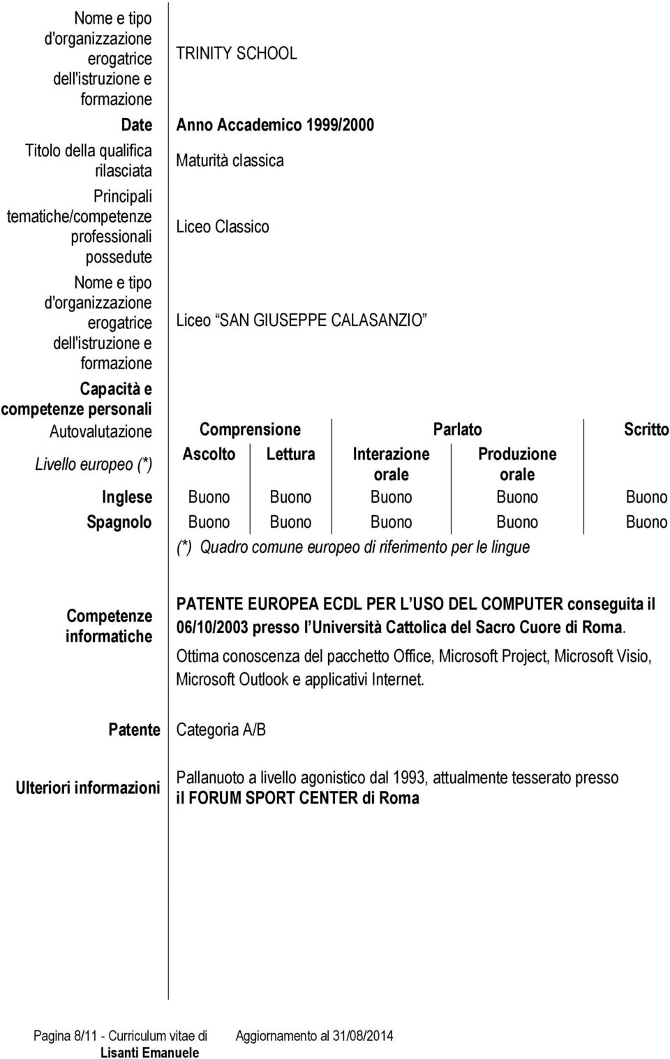 Competenze informatiche Patente Ulteriori informazioni PATENTE EUROPEA ECDL PER L USO DEL COMPUTER conseguita il 06/10/2003 presso l Università Cattolica del Sacro Cuore di Roma.