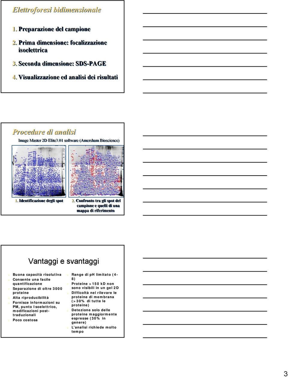 Confronto tra gli spot del campione e quelli di una mappa di riferimento Vantaggi e svantaggi Buona capacità risolutiva Consente una facile quantificazione Separazione di oltre 3000 proteine Alta