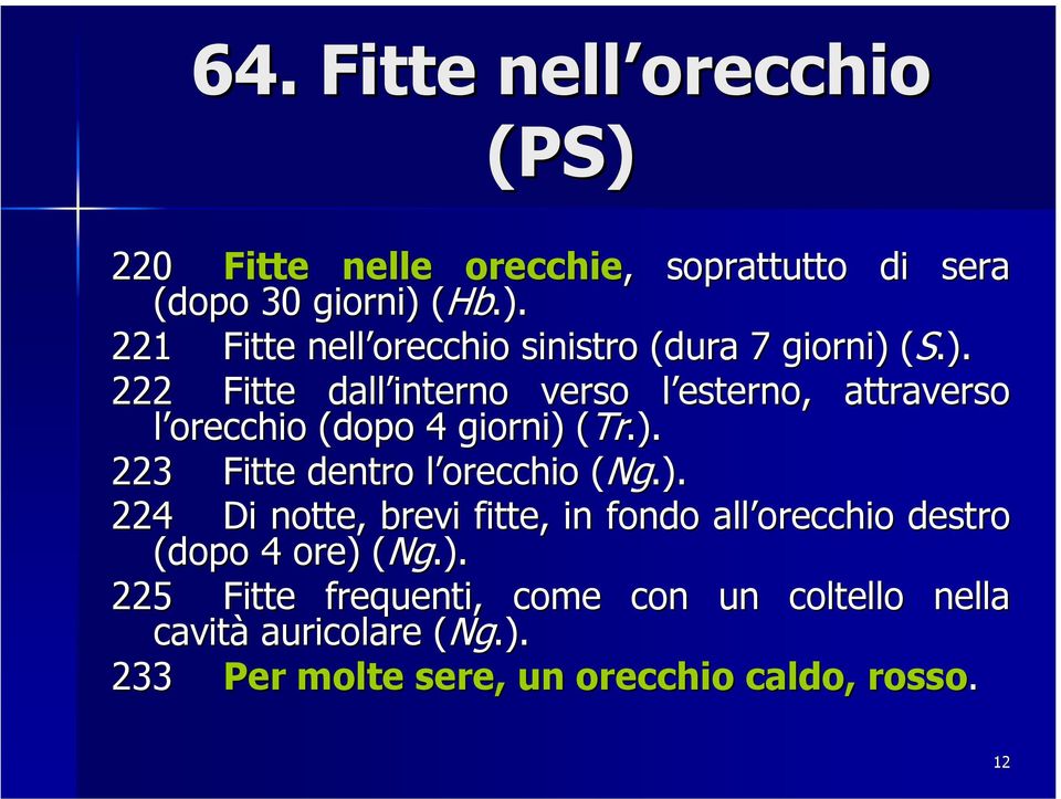 ). 224 Di notte, brevi fitte, in fondo all orecchio destro (dopo 4 ore) ( (Ng.). 225 Fitte frequenti, come con un coltello nella cavità auricolare ( (Ng.