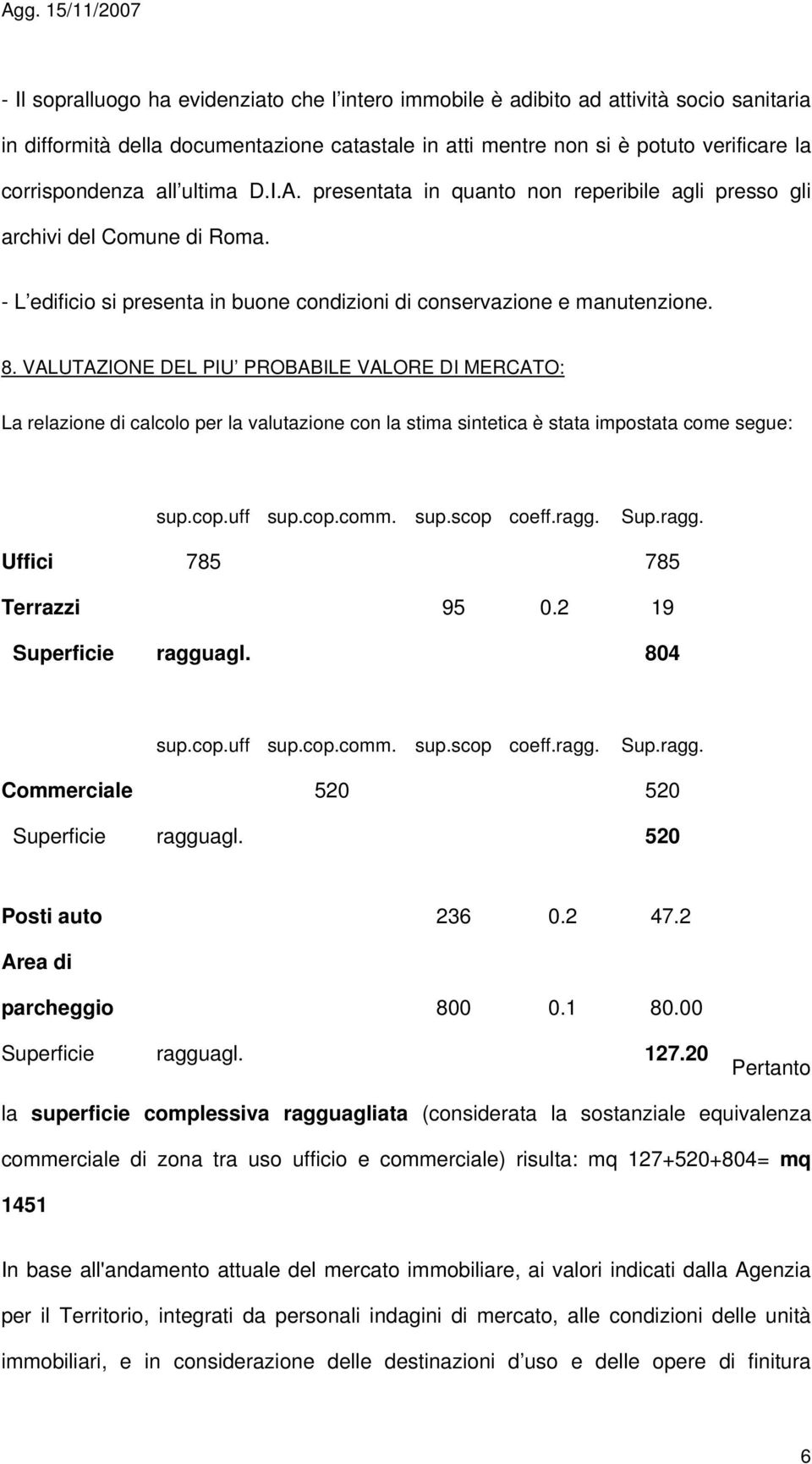 VALUTAZIONE DEL PIU PROBABILE VALORE DI MERCATO: La relazione di calcolo per la valutazione con la stima sintetica è stata impostata come segue: sup.cop.uff sup.cop.comm. sup.scop coeff.ragg. Sup.