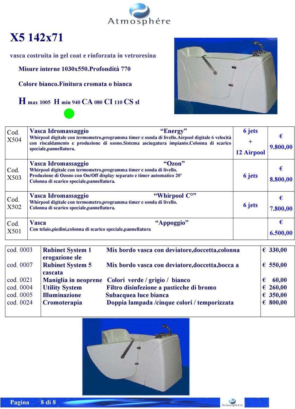 colonna di scarico speciale,pannellatura. 6 jets + 12 Airpool 9.800,00 Cod. X503 Vasca Idromassaggio Ozon Whirpool digitale con termometro,programma timer e sonda di livello.