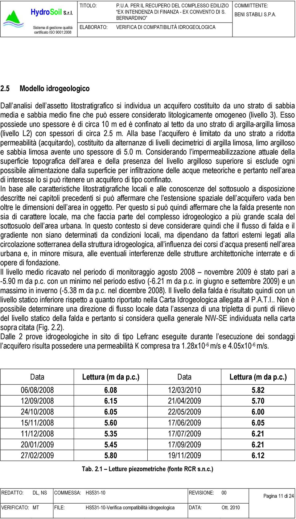 Alla base l acquifero è limitato da uno strato a ridotta permeabilità (acquitardo), costituito da alternanze di livelli decimetrici di argilla limosa, limo argilloso e sabbia limosa avente uno