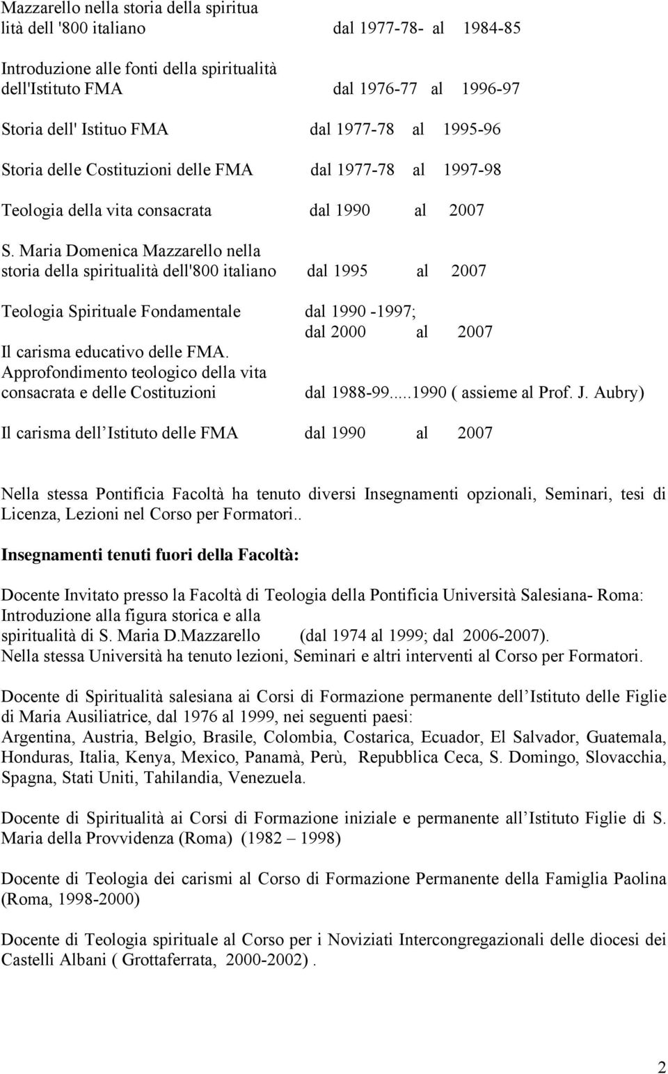 Maria Domenica Mazzarello nella storia della spiritualità dell'800 italiano dal 1995 al 2007 Teologia Spirituale Fondamentale dal 1990-1997; dal 2000 al 2007 Il carisma educativo delle FMA.