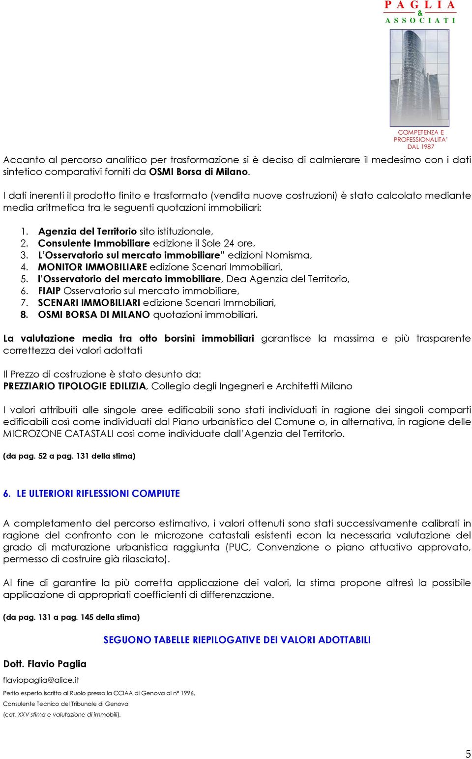 Agenzia del Territorio sito istituzionale, 2. Consulente Immobiliare edizione il Sole 24 ore, 3. L Osservatorio sul mercato immobiliare edizioni Nomisma, 4.