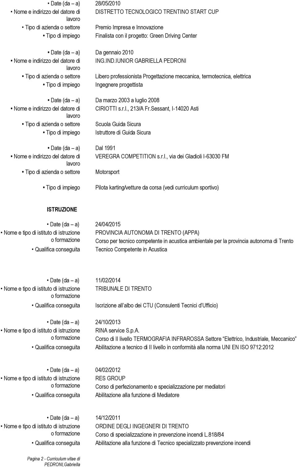 IUNIOR GABRIELLA PEDRONI Tipo di azienda o settore Libero professionista Progettazione meccanica, termotecnica, elettrica Ingegnere progettista Date (da a) Da marzo 2003 a luglio 2008 Nome e