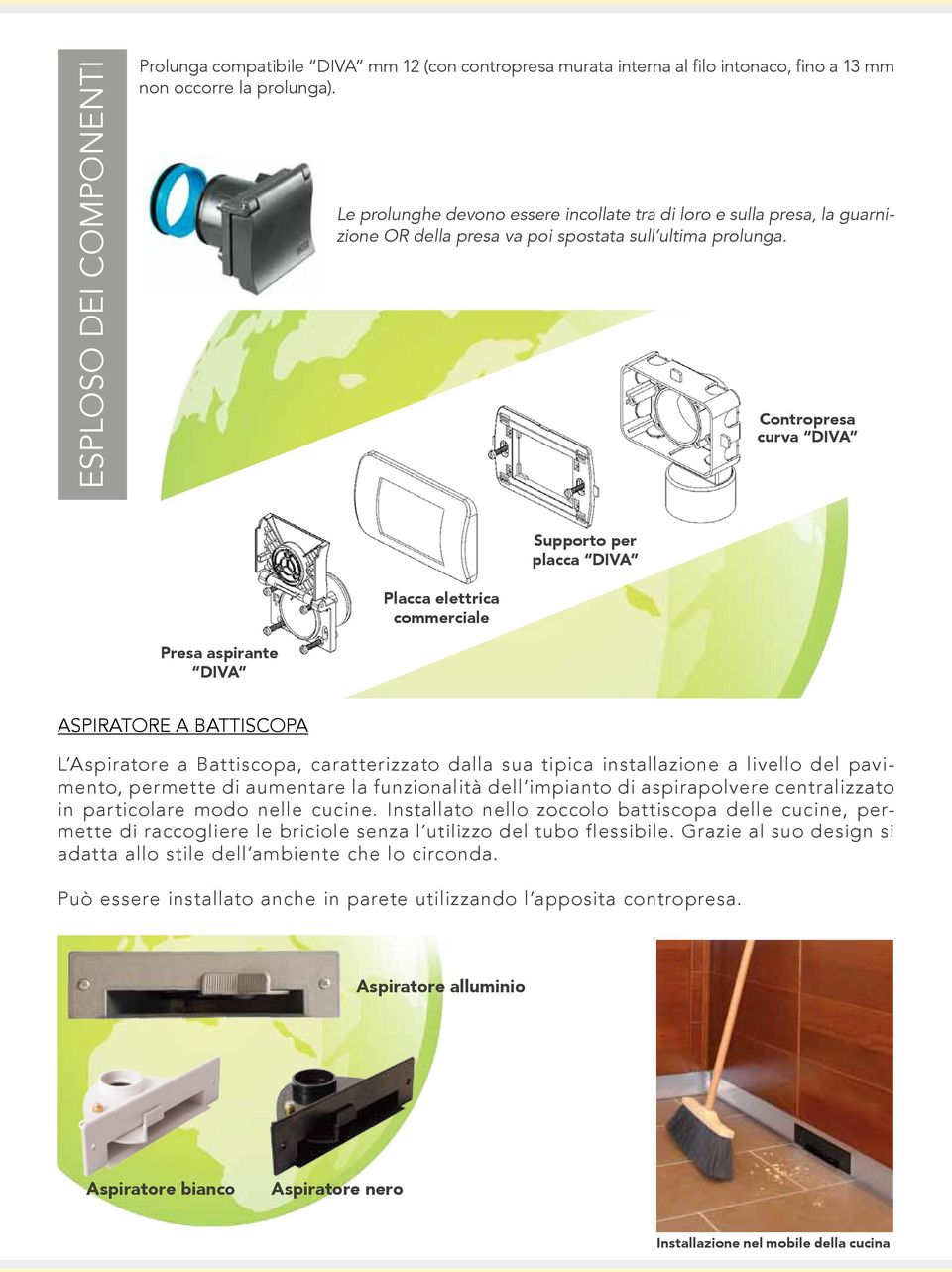 Contropresa curva DIVA Supporto per placca DIVA Placca elettrica commerciale Presa aspirante DIVA ASPIRATORE A BATTISCOPA L Aspiratore a Battiscopa, caratterizzato dalla sua tipica installazione a