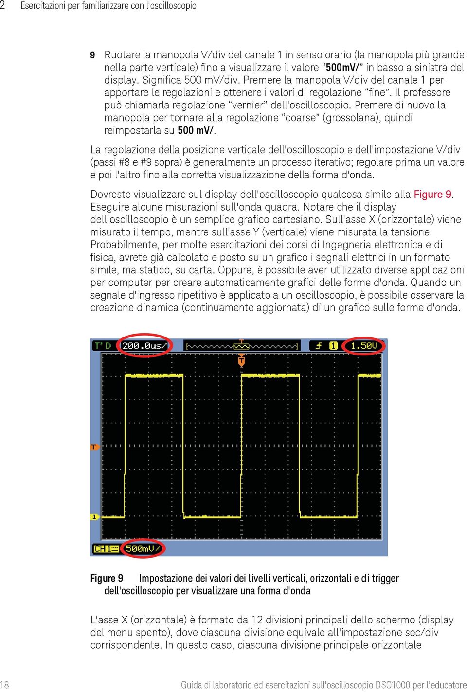 Il professore può chiamarla regolazione vernier dell'oscilloscopio. Premere di nuovo la manopola per tornare alla regolazione coarse (grossolana), quindi reimpostarla su 500 mv/.