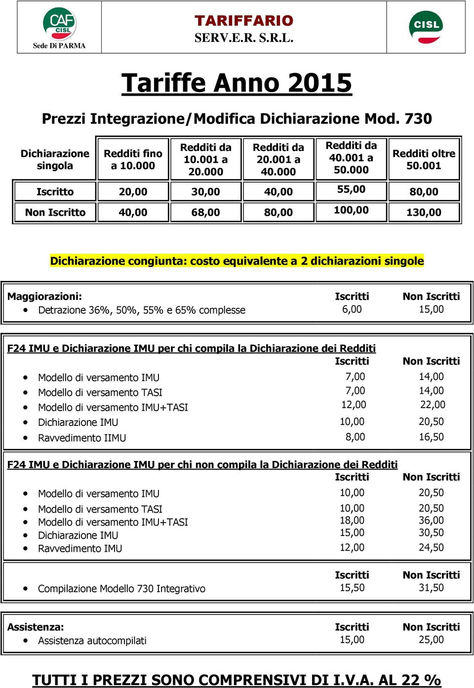 55% e 65% complesse 6,00 15,00 F24 IMU e Dichiarazione IMU per chi compila la Dichiarazione dei Redditi Modello di versamento IMU Modello di versamento TASI Modello di versamento IMU+TASI 7,00 7,00