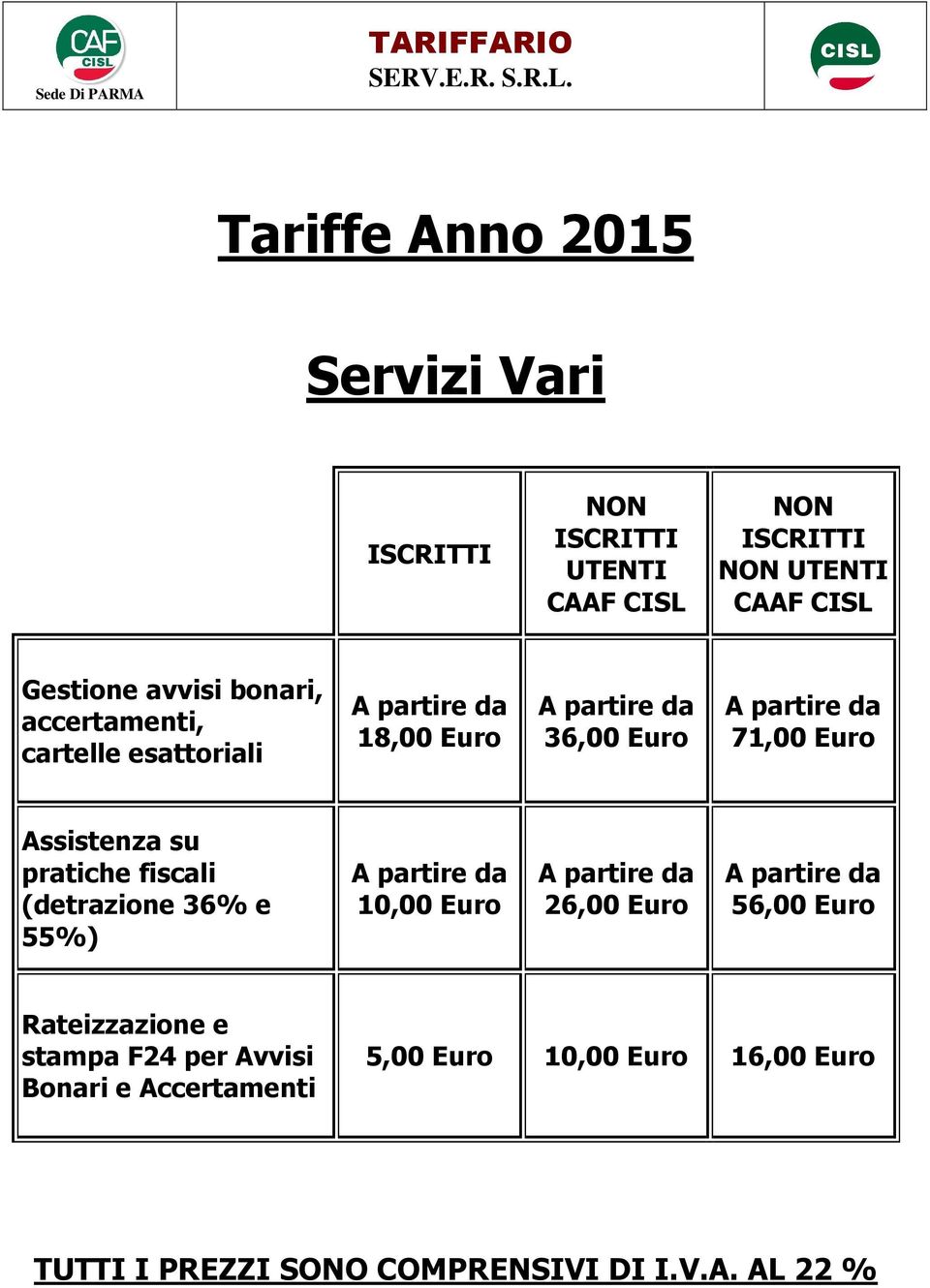 pratiche fiscali (detrazione 36% e 55%) 10,00 Euro 26,00 Euro 56,00 Euro