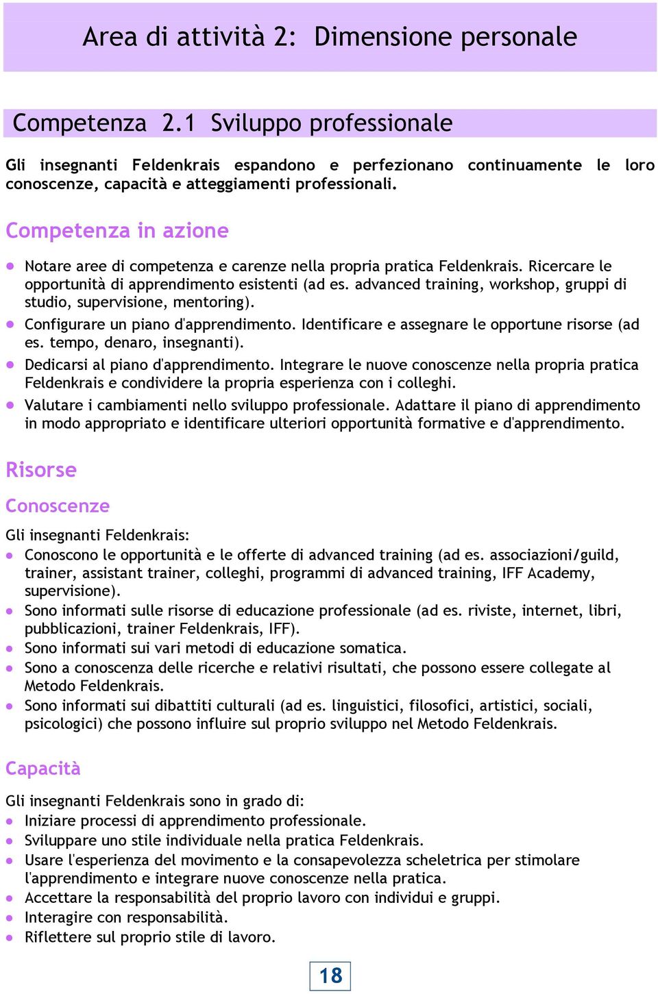 Competenza in azione Notare aree di competenza e carenze nella propria pratica Feldenkrais. Ricercare le opportunità di apprendimento esistenti (ad es.