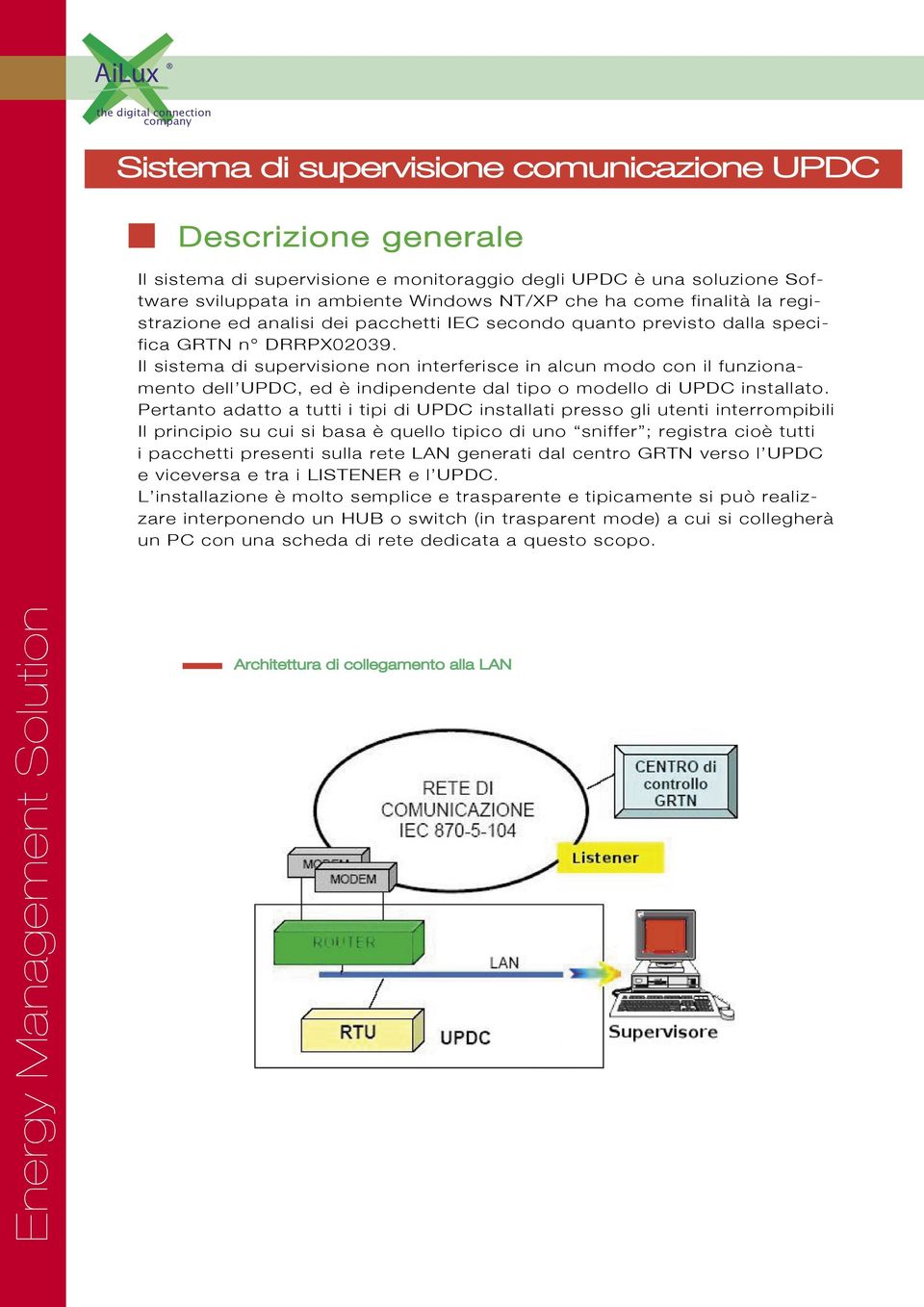 Il sistema di supervisione non interferisce in alcun modo con il funzionamento dell UPDC, ed è indipendente dal tipo o modello di UPDC installato.