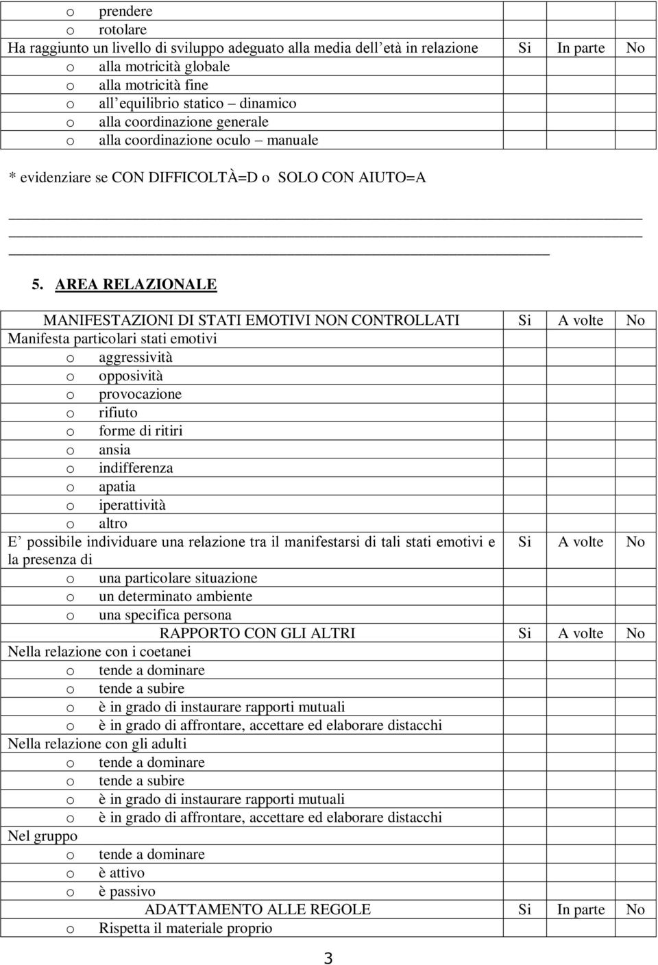 AREA RELAZIONALE MANIFESTAZIONI DI STATI EMOTIVI NON CONTROLLATI Si A vlte N Manifesta particlari stati emtivi aggressività ppsività prvcazine rifiut frme di ritiri ansia indifferenza apatia