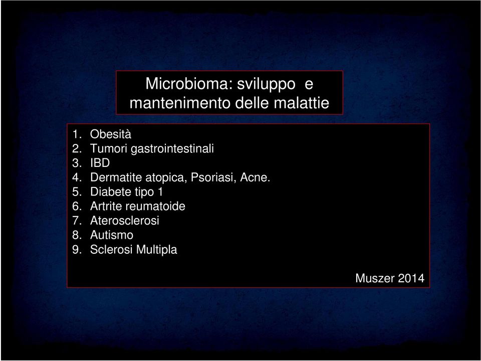 Dermatite atopica, Psoriasi, Acne. 5. Diabete tipo 1 6.