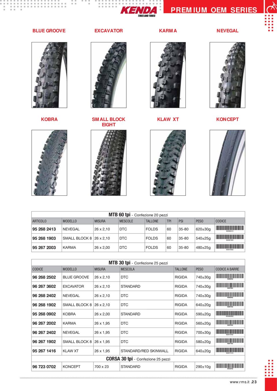 CODICE MODELLO MISURA MESCOLA TALLONE PESO CODICE A BARRE 96 268 2502 BLUE GROOVE 26 x 2,10 DTC RIGIDA 740±30g 96 267 3602 EXCAVATOR 26 x 2,10 STANDARD RIGIDA 740±30g 96 268 2402 NEVEGAL 26 x 2,10