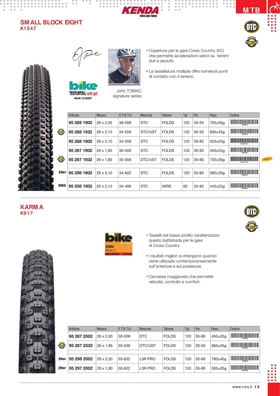 John TOMAC signature series 95 269 1902 26 x 2,35 58-559 DTC FOLDS 120 30-50 705±35g 95 268 1932 26 x 2,10 54-559 DTC/UST FOLDS 120 30-50 830±45g 95 268 1902 26 x 2,10 54-559 DTC FOLDS 120 30-80