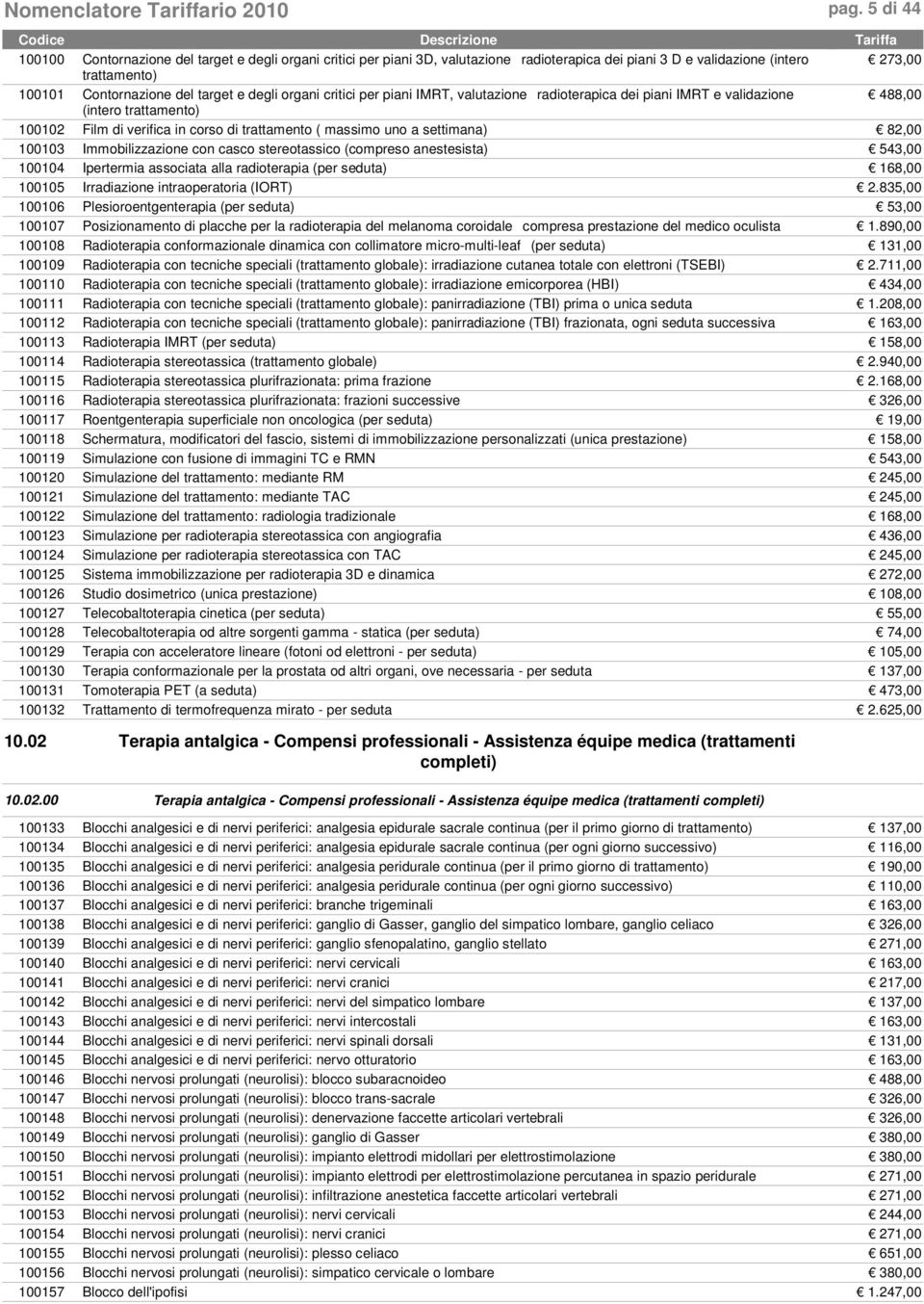 organi critici per piani IMRT, valutazioneradioterapica dei piani IMRT e validazione 488,00 (intero trattamento) 100102 Film di verifica in corso di trattamento ( massimo uno a settimana) 82,00