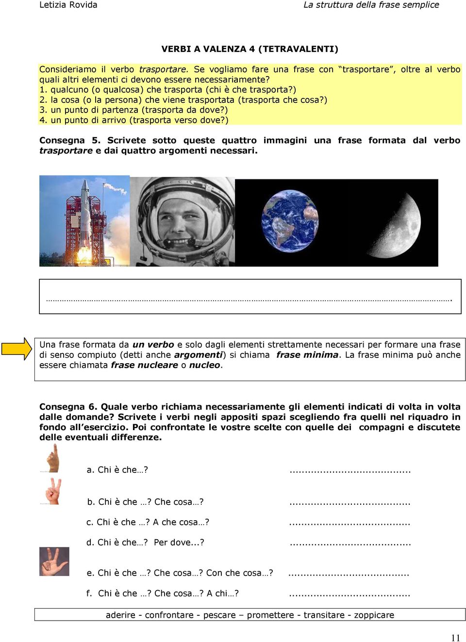 un punto di arrivo (trasporta verso dove?) Consegna 5. Scrivete sotto queste quattro immagini una frase formata dal verbo trasportare e dai quattro argomenti necessari.