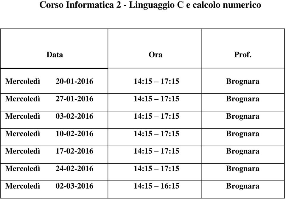 Mercoledì 03-02-2016 14:15 17:15 Brognara Mercoledì 10-02-2016 14:15 17:15 Brognara