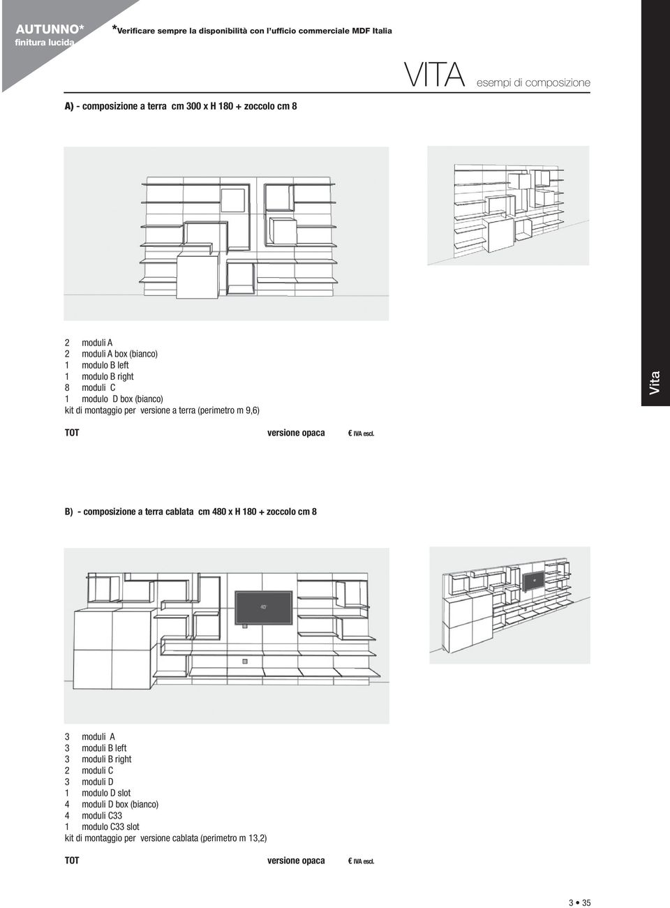 versione a terra (perimetro m 9,6) Vita B) - composizione a terra cablata cm 480 x H 180 + zoccolo cm 8 3 moduli A 3 moduli B left 3 moduli B right