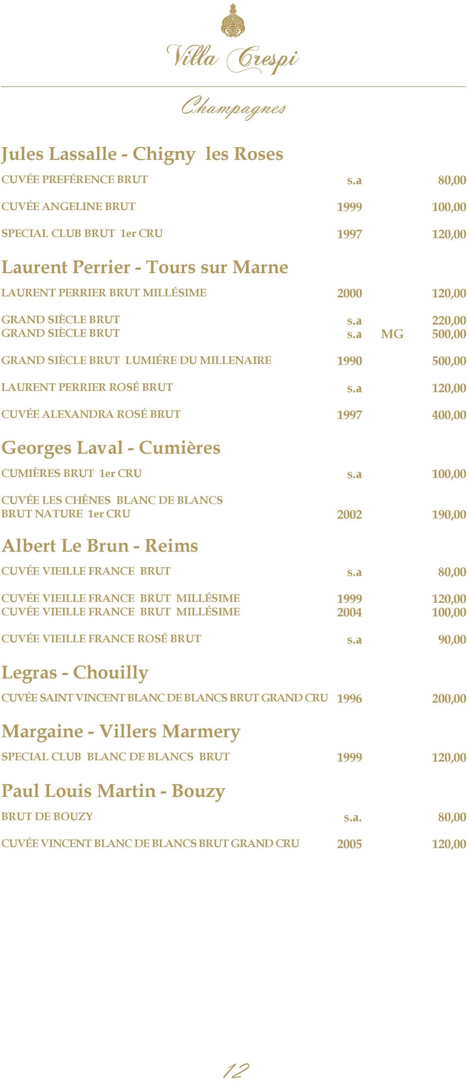 1er CRU CUVÉE LES CHÊNES BLANC DE BLANCS BRUT NATURE 1er CRU 1 Albert Le Brun - Reims CUVÉE VIEILLE FRANCE BRUT 80,00 CUVÉE VIEILLE FRANCE BRUT MILLÉSIME CUVÉE VIEILLE FRANCE BRUT MILLÉSIME CUVÉE