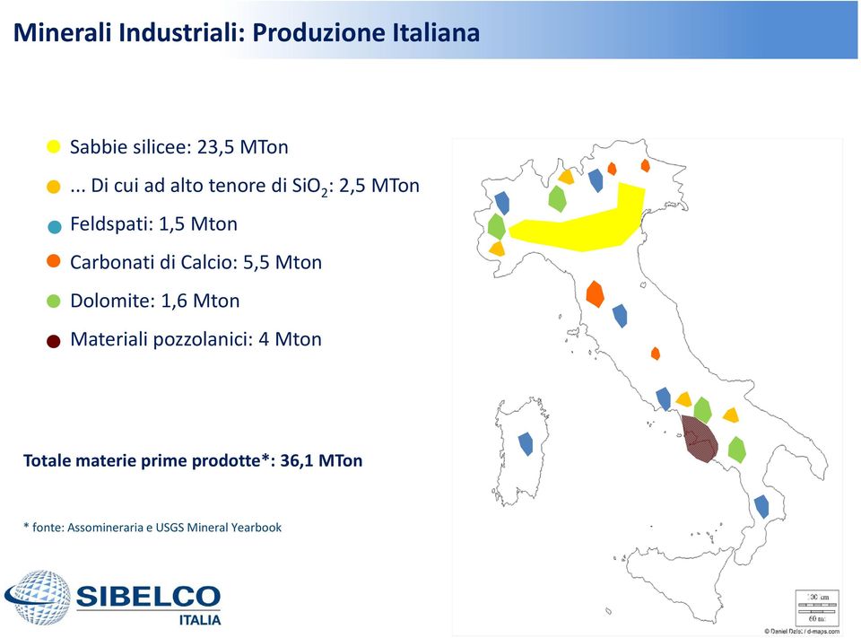 Calcio: 5,5 Mton Dolomite: 1,6 Mton Materiali pozzolanici: 4 Mton Totale