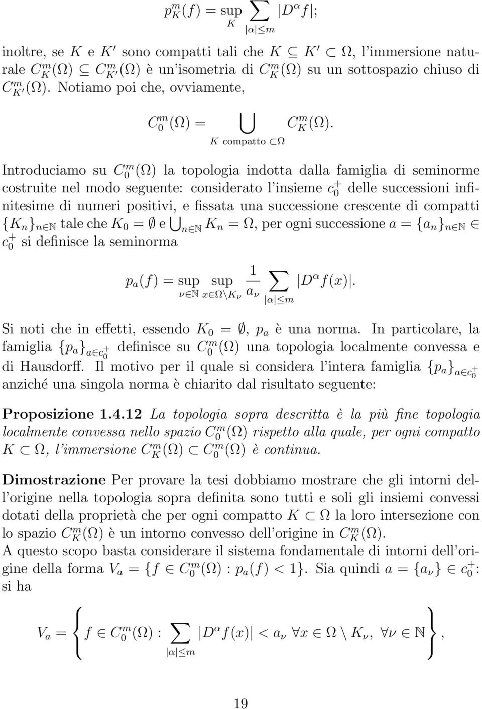 K compatto Ω Introduciamo su C0 m (Ω) la topologia indotta dalla famiglia di seminorme costruite nel modo seguente: considerato l insieme c + 0 delle successioni infinitesime di numeri positivi, e