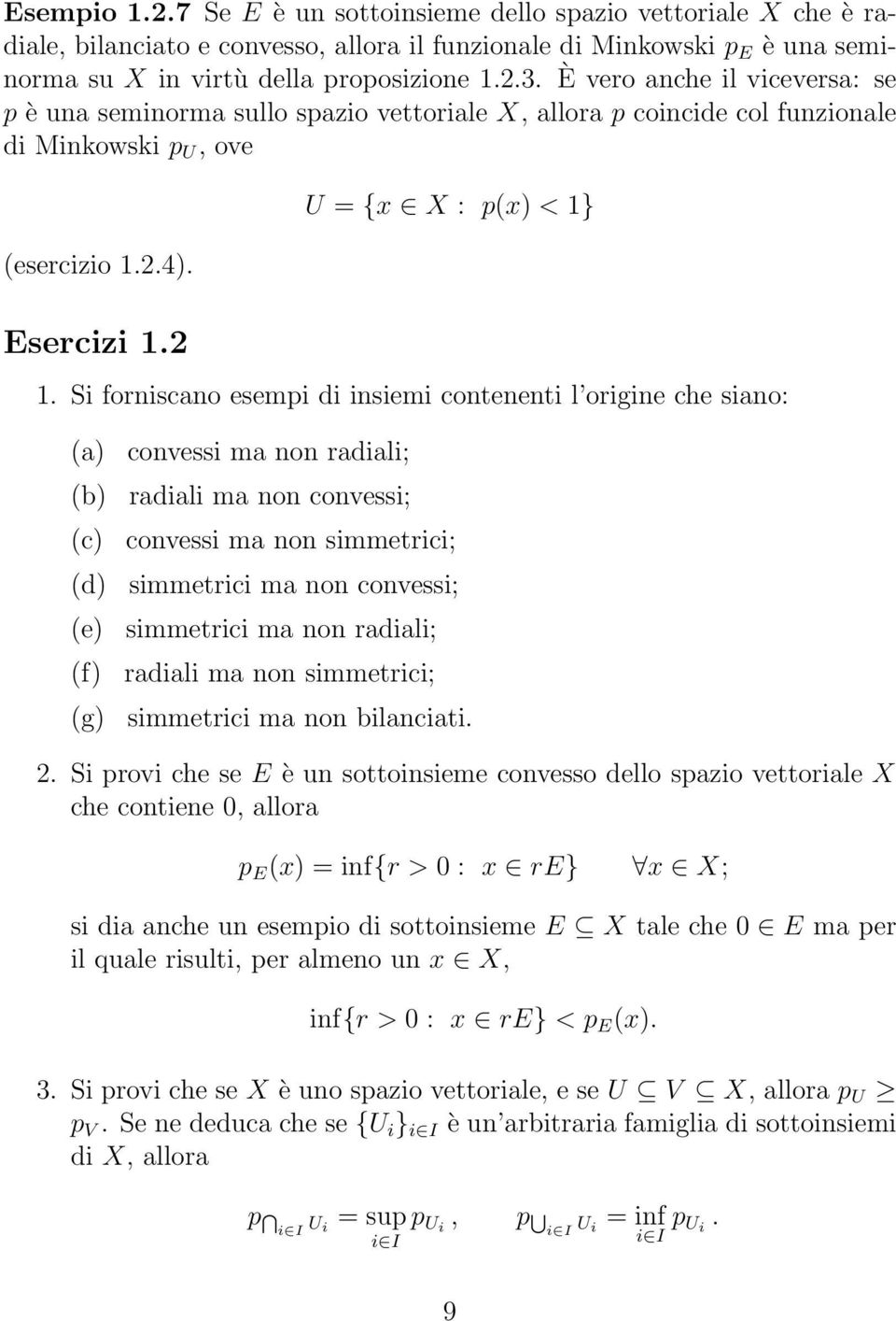 Si forniscano esempi di insiemi contenenti l origine che siano: (a) (b) (c) (d) (e) (f) (g) convessi ma non radiali; radiali ma non convessi; convessi ma non simmetrici; simmetrici ma non convessi;