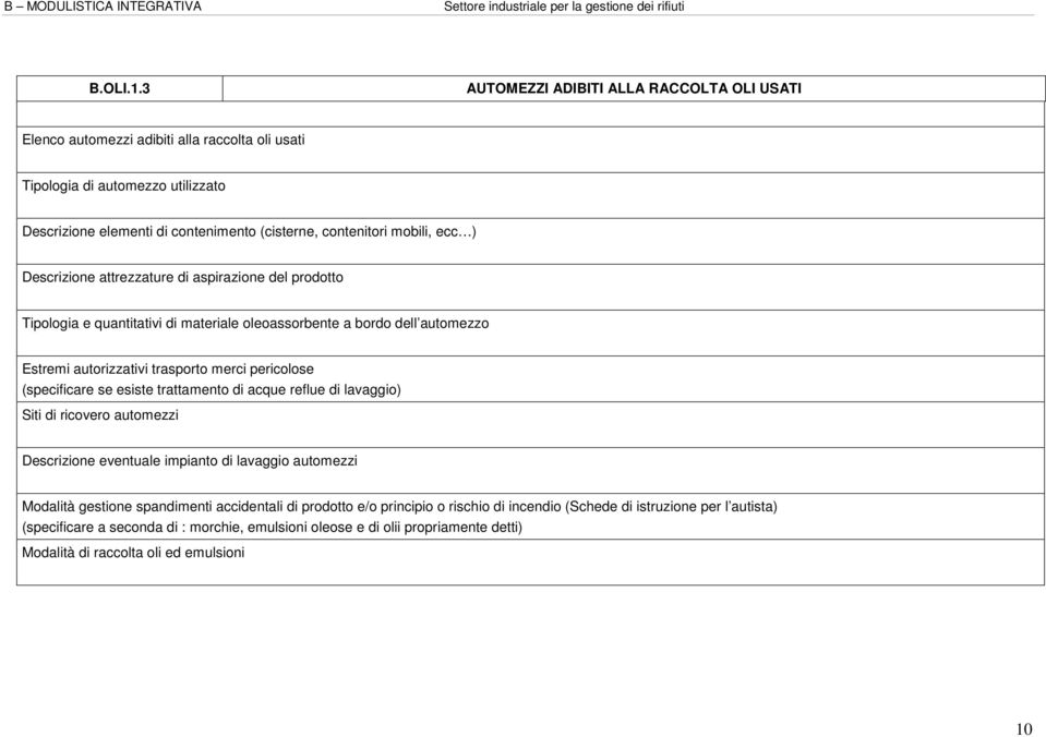 ecc ) Descrizione attrezzature di aspirazione del prodotto Tipologia e quantitativi di materiale oleoassorbente a bordo dell automezzo Estremi autorizzativi trasporto merci pericolose