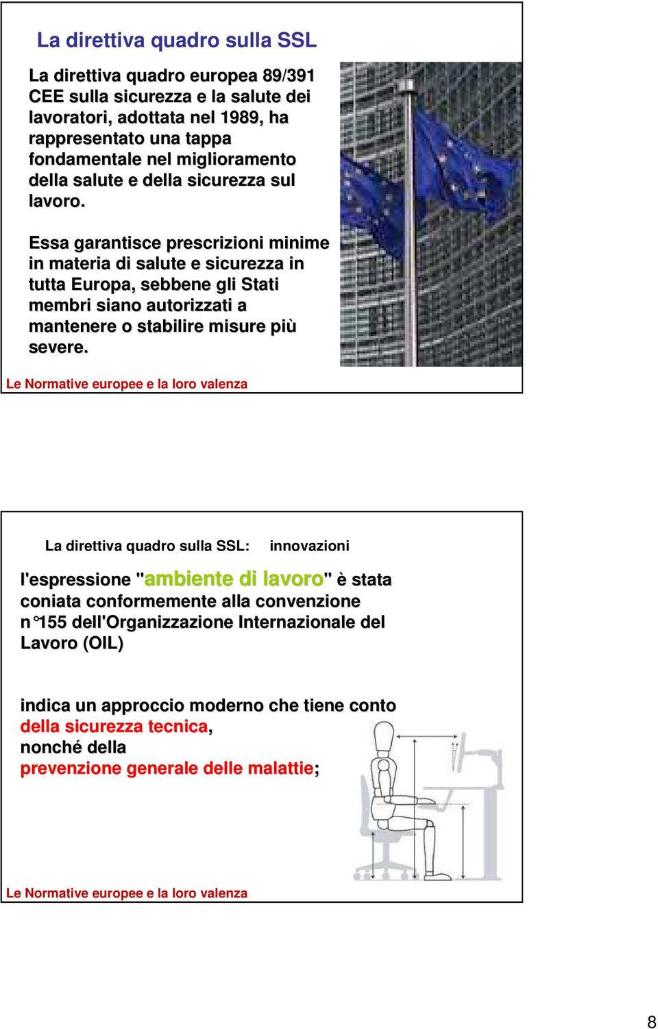 Essa garantisce prescrizioni minime in materia di salute e sicurezza in tutta Europa, sebbene gli Stati membri siano autorizzati a mantenere o stabilire misure più severe.