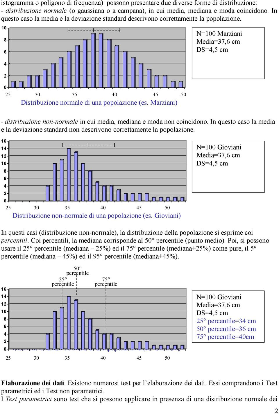 Marziani) N=0 Marziani Media=37,6 cm DS=4,5 cm - distribuzione non-normale in cui media, mediana e moda non coincidono.