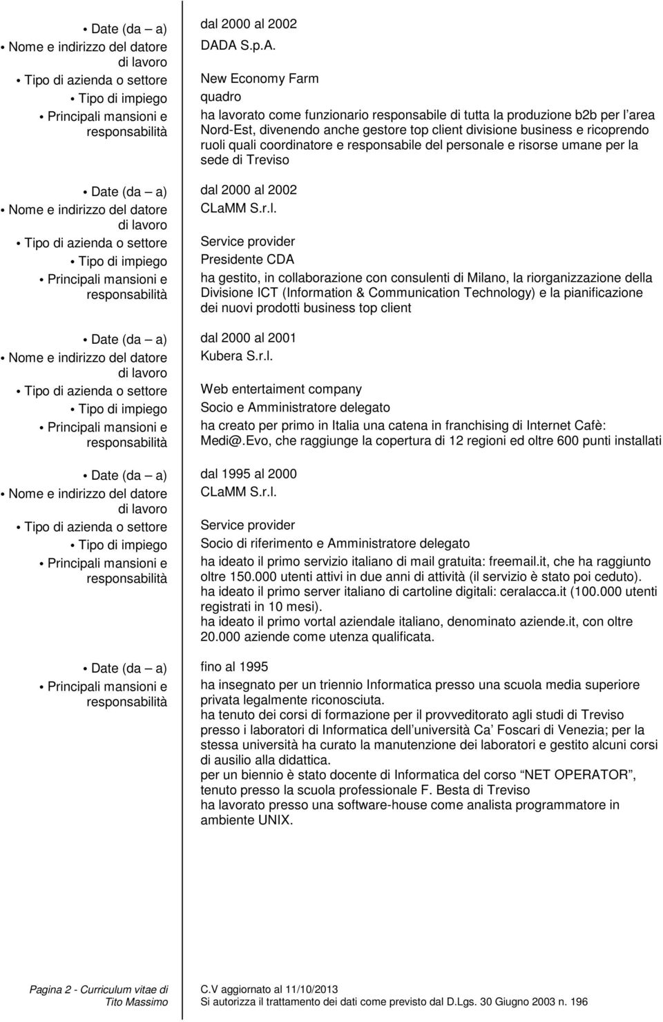 divisione business e ricoprendo ruoli